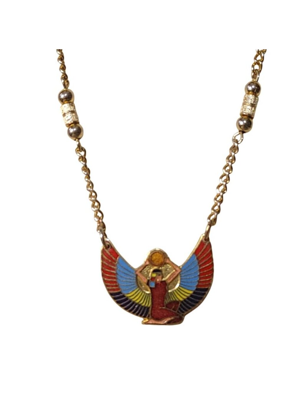 Long Egyptian Necklace Revival Winged Isis Vintage Gold Tone Chain Enamel Detail